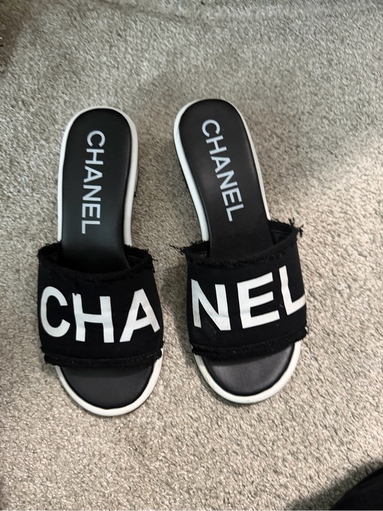 CHANEL Shoes - CHANEL Black and White Logo Slide Sandals